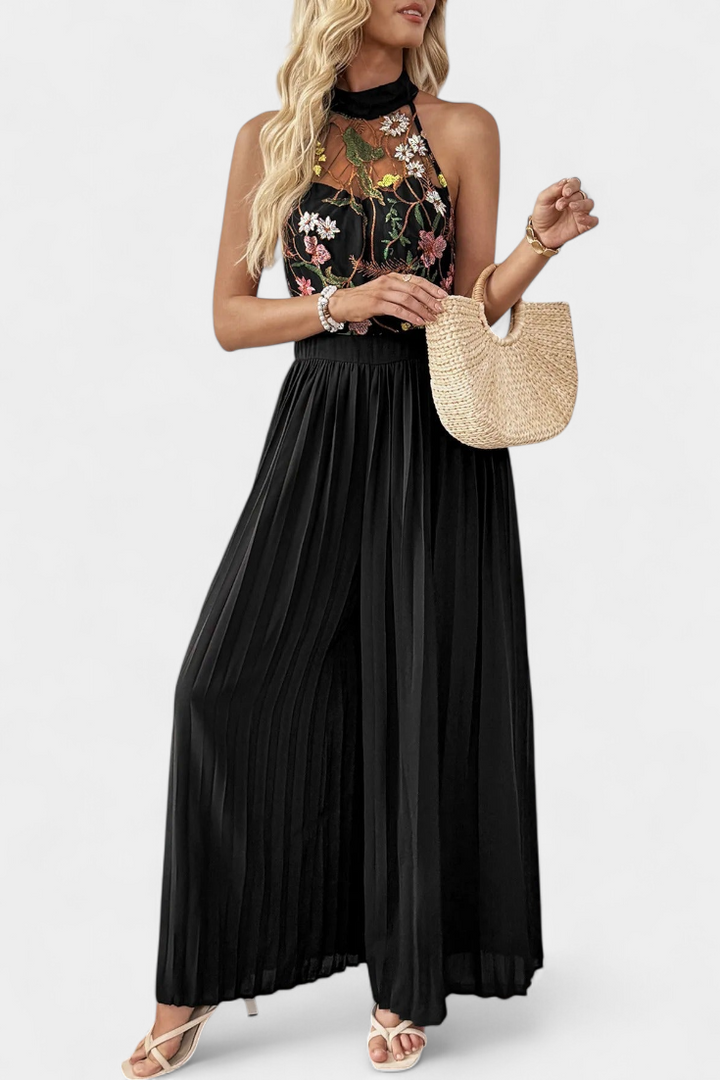 Floral Lace Halter Jumpsuit | Elegant Pleated Palazzo Pants | Perfect for Special Occasions | Lightweight Fabric