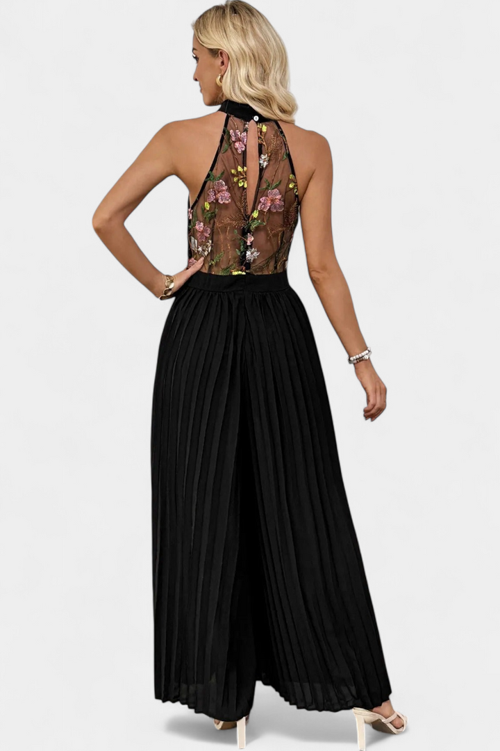 Floral Lace Halter Jumpsuit | Elegant Pleated Palazzo Pants | Perfect for Special Occasions | Lightweight Fabric