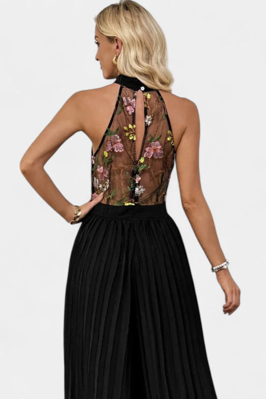 Floral Lace Halter Jumpsuit | Elegant Pleated Palazzo Pants | Perfect for Special Occasions | Lightweight Fabric