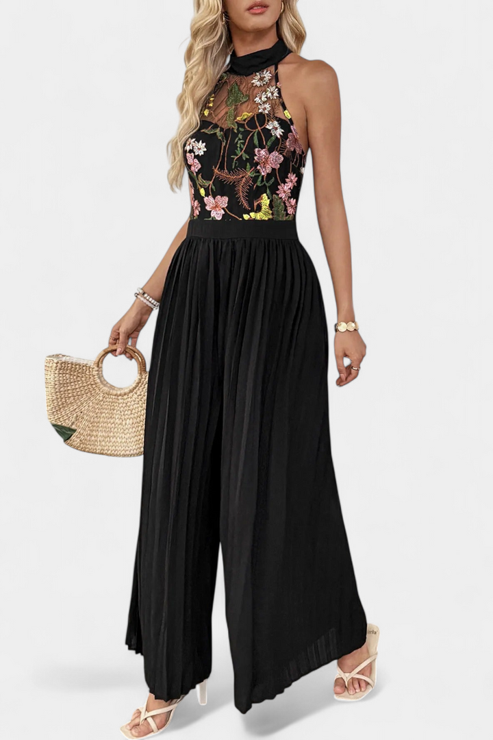 Floral Lace Halter Jumpsuit | Elegant Pleated Palazzo Pants | Perfect for Special Occasions | Lightweight Fabric