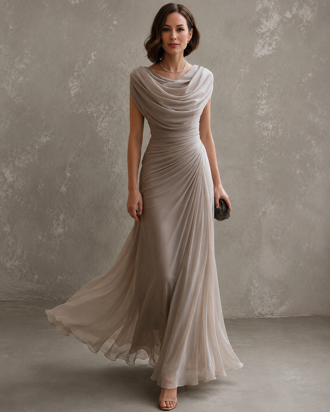 Sleeveless draped maxi dress with flowing full-length silhouette
