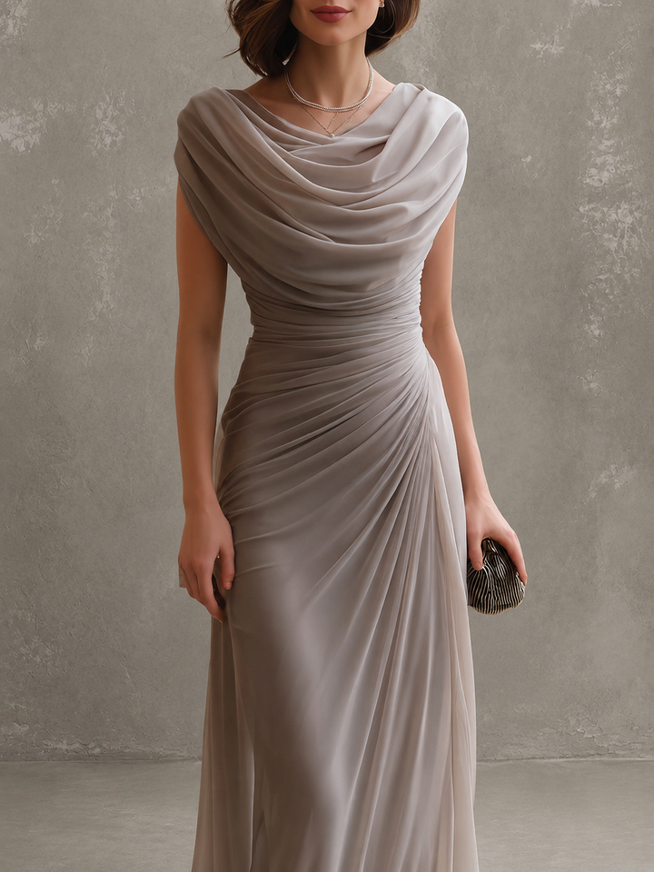 Sleeveless draped maxi dress with flowing full-length silhouette