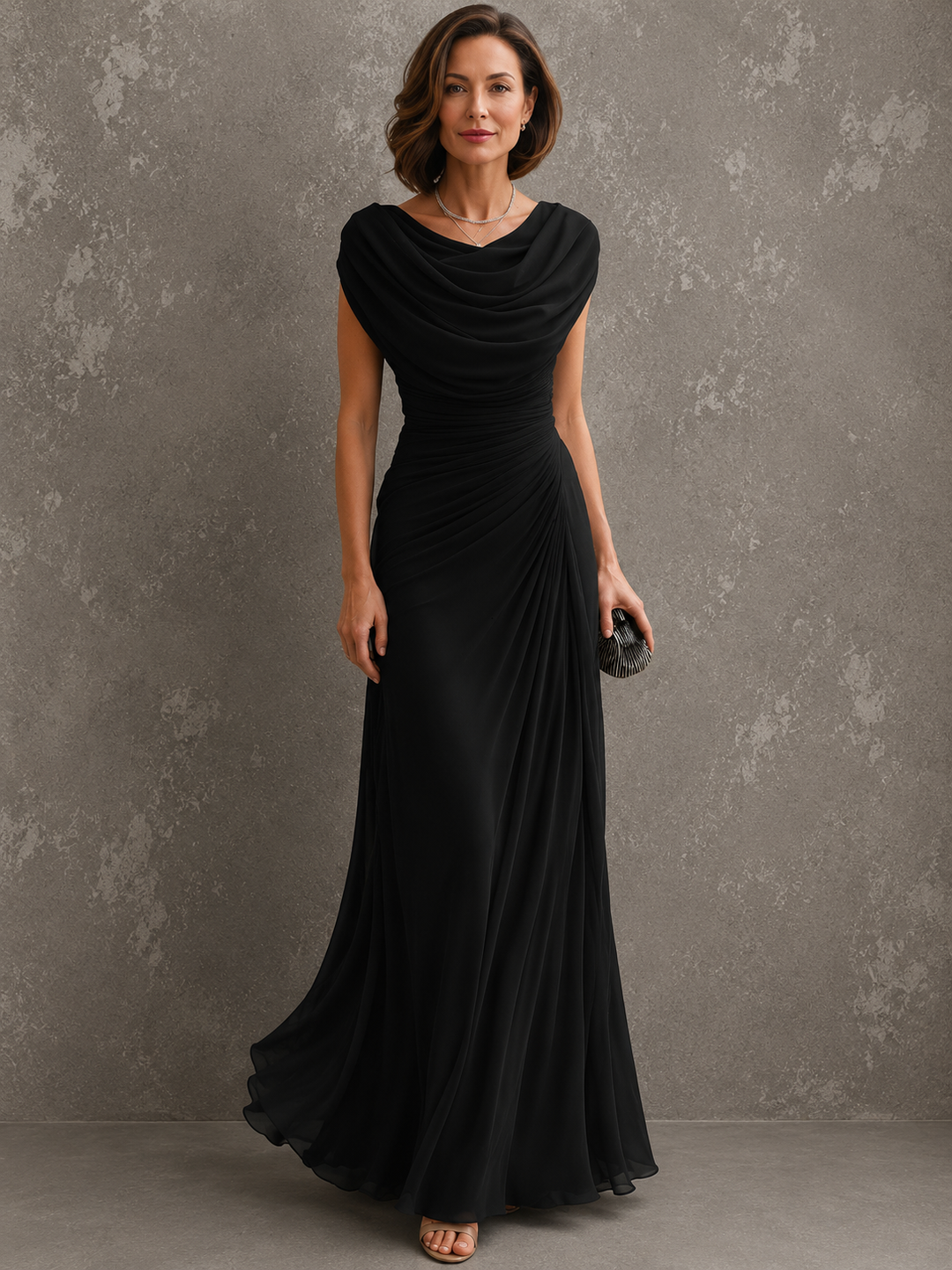 Sleeveless draped maxi dress with flowing full-length silhouette