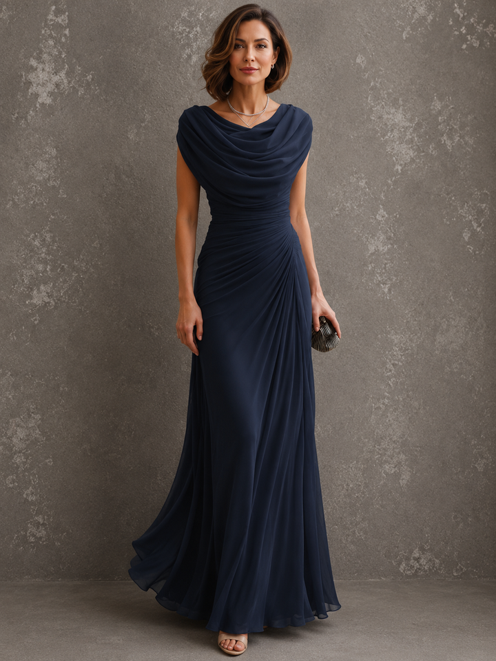 Sleeveless draped maxi dress with flowing full-length silhouette