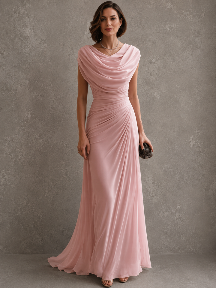 Sleeveless draped maxi dress with flowing full-length silhouette
