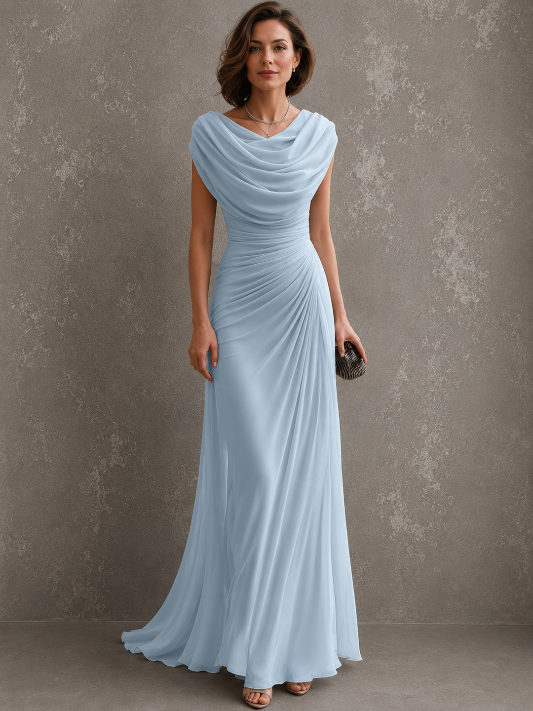 Sleeveless draped maxi dress with flowing full-length silhouette