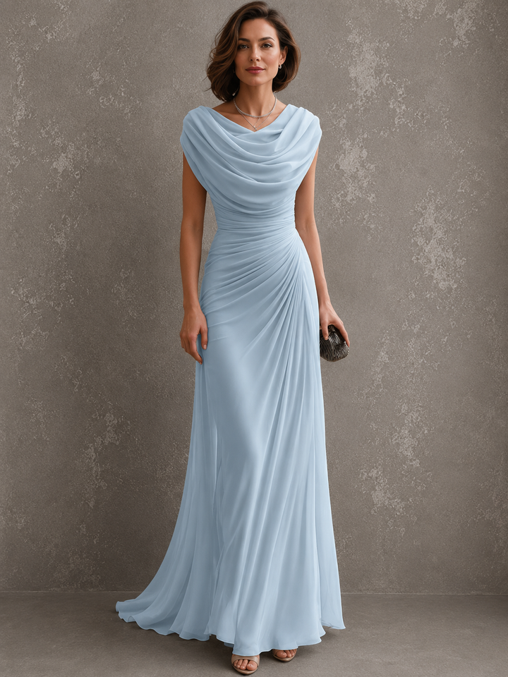 Sleeveless draped maxi dress with flowing full-length silhouette