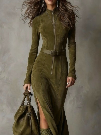 Suede Zip Dress | Belted Design | Flattering Fit for Any Occasion | Elegant and Versatile
