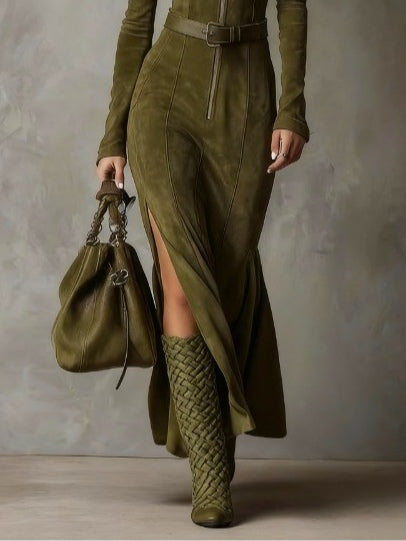 Suede Zip Dress | Belted Design | Flattering Fit for Any Occasion | Elegant and Versatile