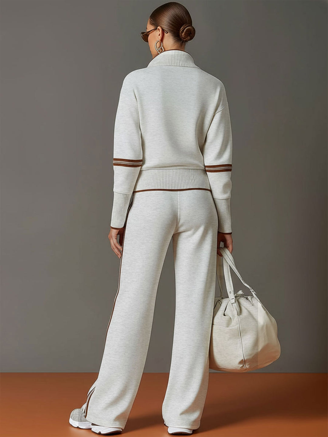 Woman wearing wide leg pants and blouse two-piece set
