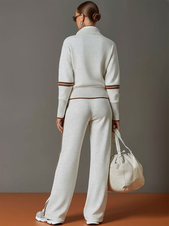 Woman wearing wide leg pants and blouse two-piece set
