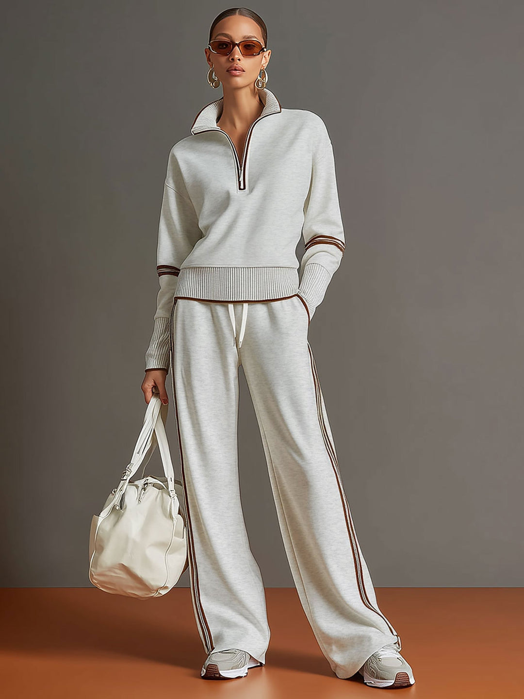 Woman wearing wide leg pants and blouse two-piece set