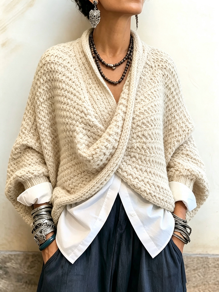Woman wearing crossover V-neck batwing sleeve sweater