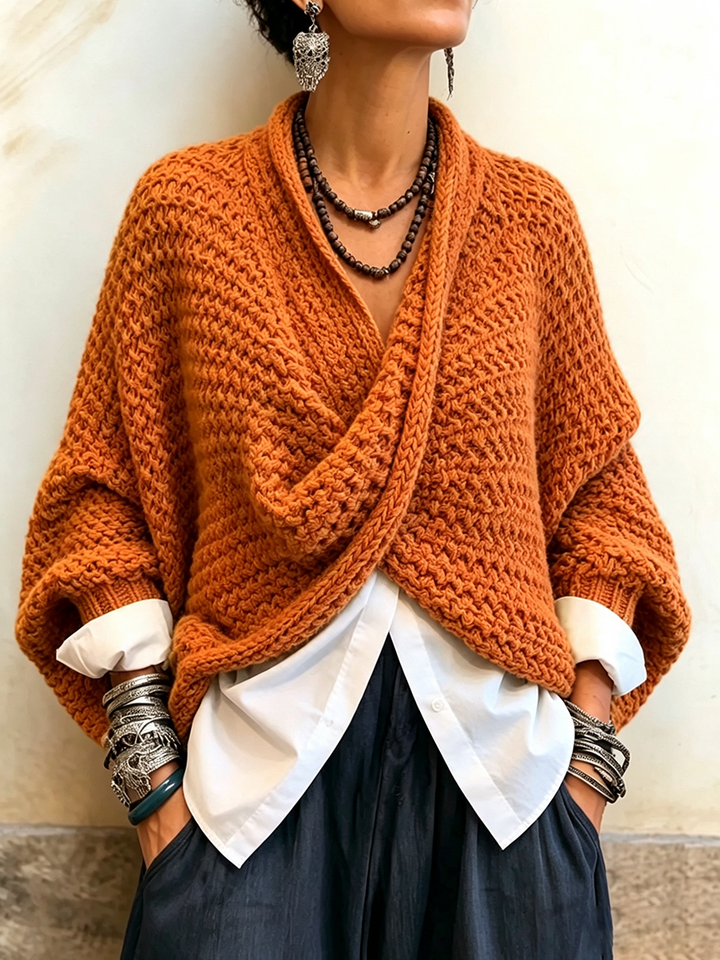 Woman wearing crossover V-neck batwing sleeve sweater