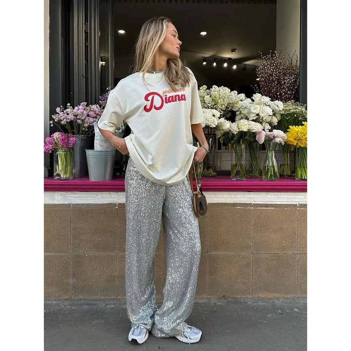 High-waisted sequin pants for women | Loose fit
