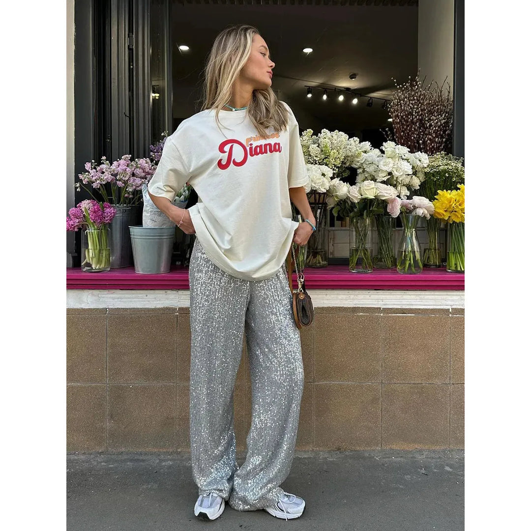 High-Waisted Sequin Pants | Loose Fit Design | Eye-Catching Glamour | Perfect for Parties and Nights Out