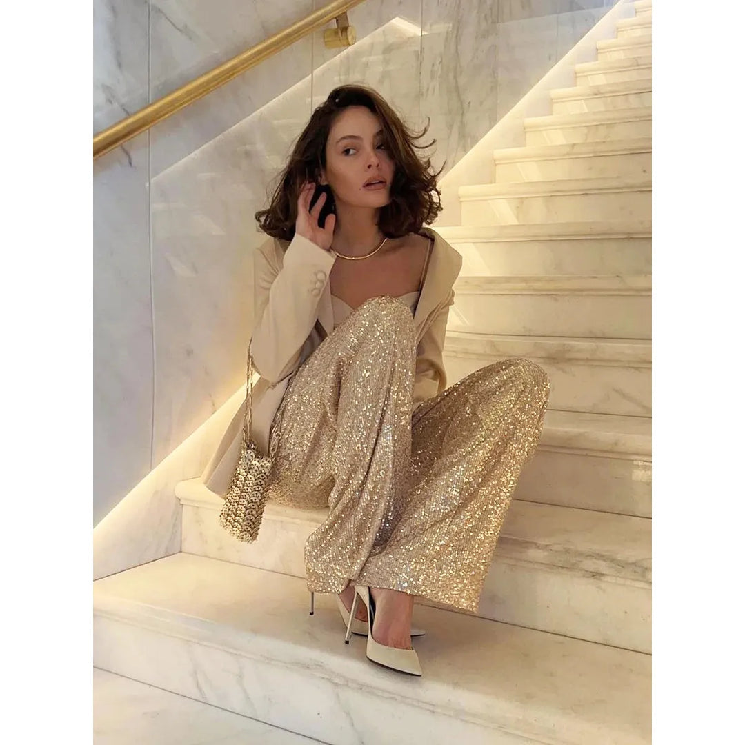 High-waisted sequin pants for women | Loose fit