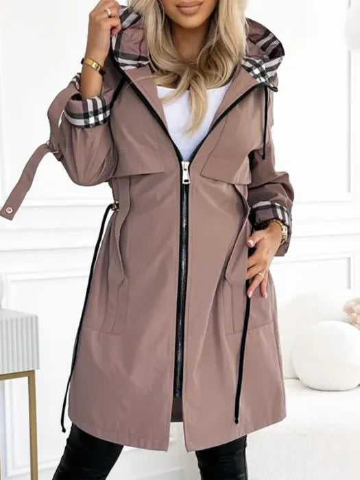Women's long coat with checked hood, front view