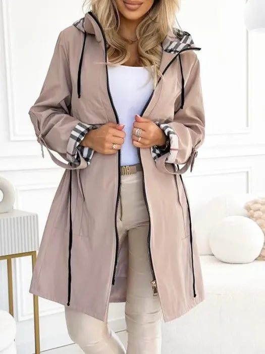 Women's long coat with checked hood, front view