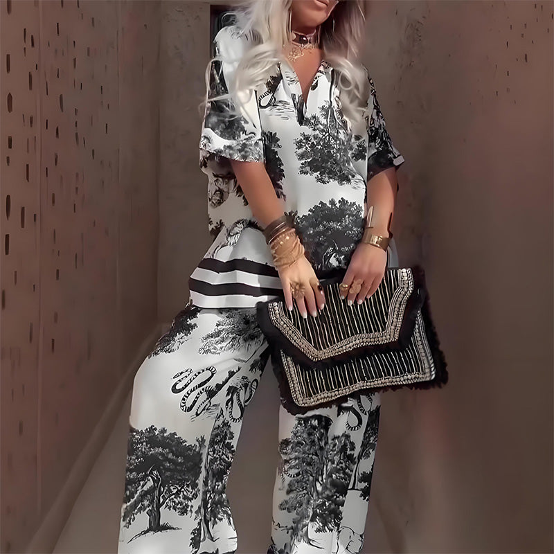 Printed V-Neck Top and Long Pants Set | Comfortable Fit | Versatile Style for Everyday Wear | Soft Fabric