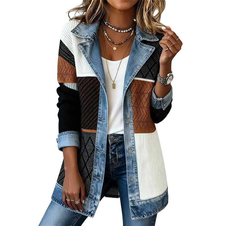 Woman wearing ribbed knit and denim patchwork jacket outdoors