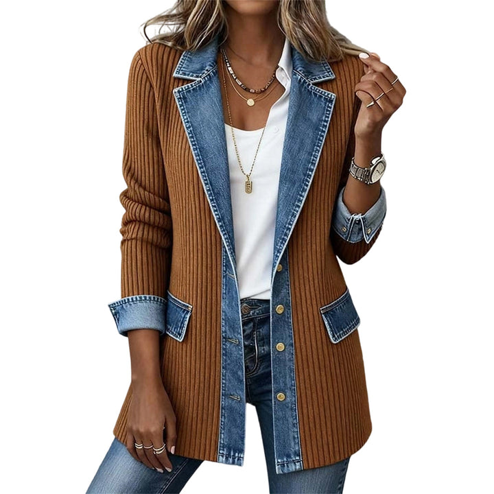 Woman wearing ribbed knit and denim patchwork jacket outdoors