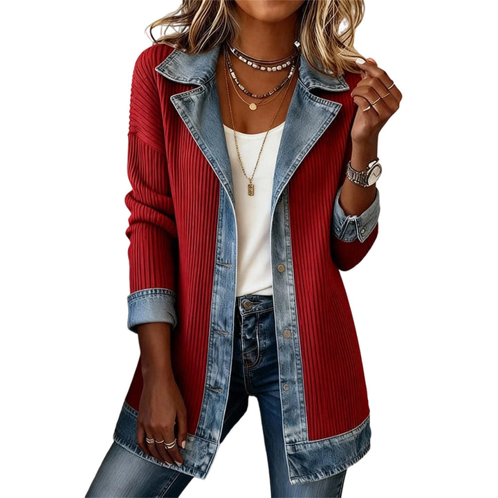 Woman wearing ribbed knit and denim patchwork jacket outdoors