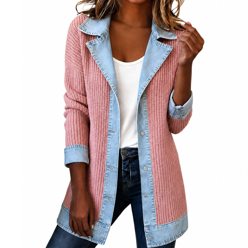 Woman wearing ribbed knit and denim patchwork jacket outdoors