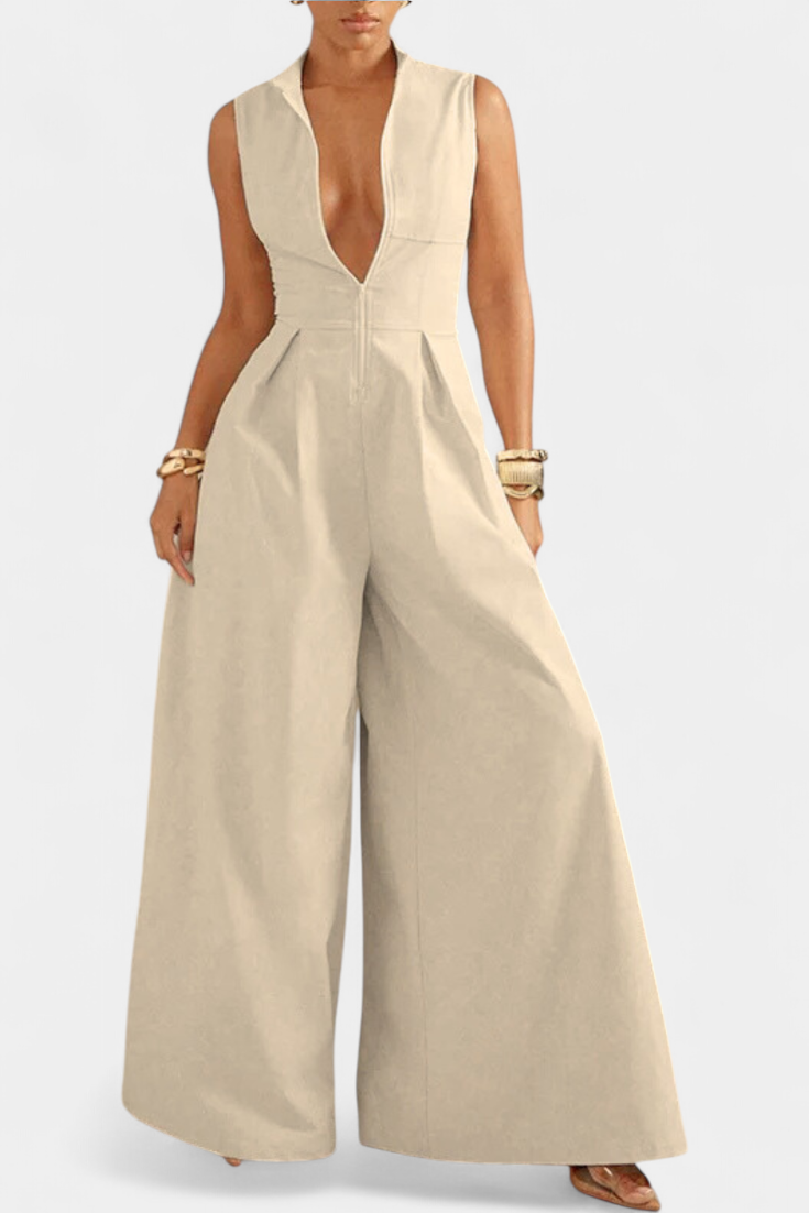 Wide Leg Jumpsuit | Pleated Design | Flattering Round Neck | Perfect for Casual or Dressy Occasions