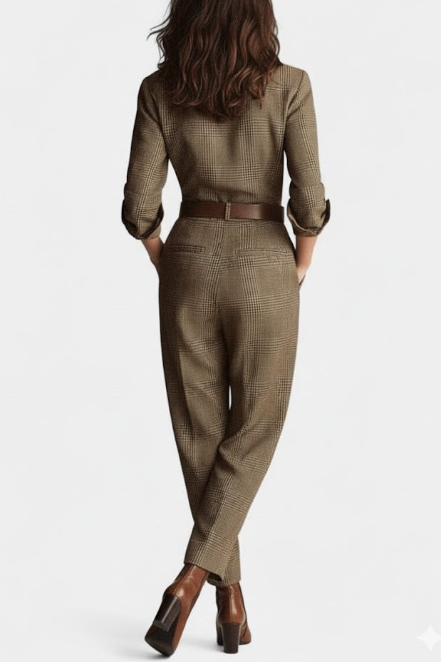 Checkered Tweed Jumpsuit | Adjustable Belt | Chic and Comfortable Fit | Brown Color