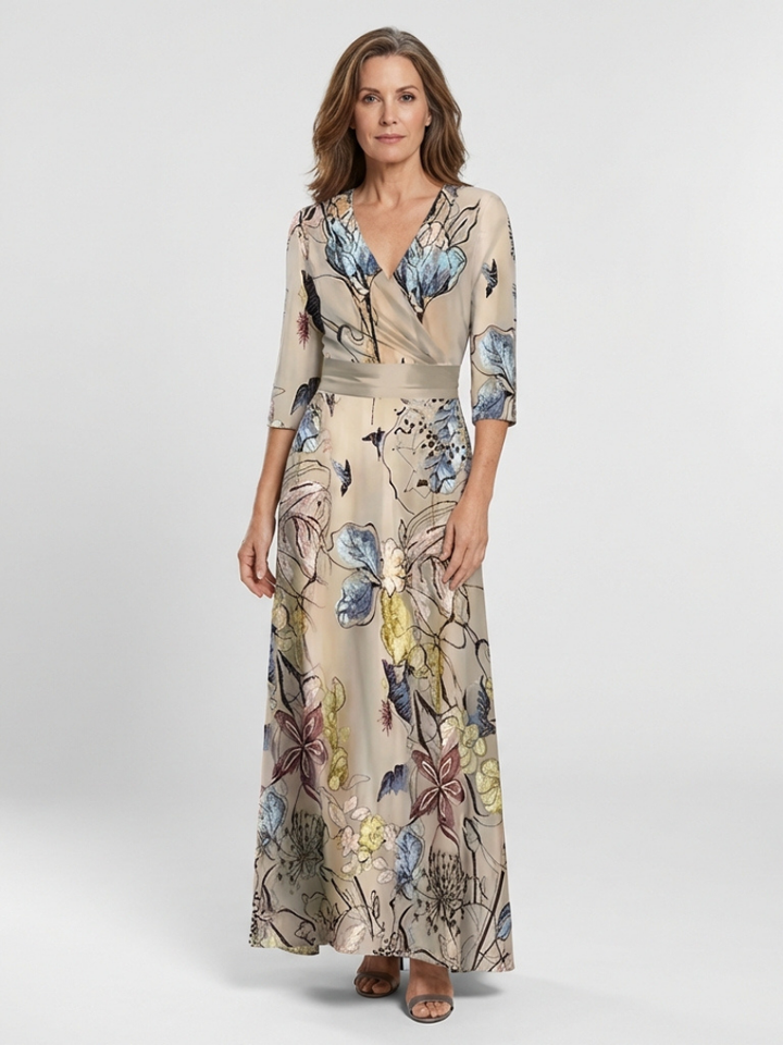 Floral Maxi Wrap Dress | Three Quarter Sleeves | Elegant and Flattering Fit | Perfect for Any Occasion