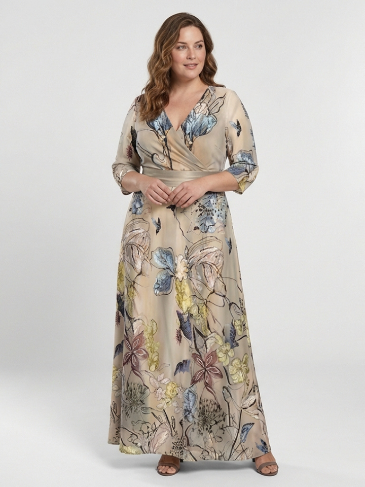 Floral Maxi Wrap Dress | Three Quarter Sleeves | Elegant and Flattering Fit | Perfect for Any Occasion