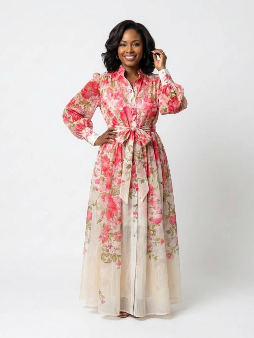 Floral Maxi Dress | Sheer Long Sleeves | Elegant and Flowing Design | Perfect for Special Occasions