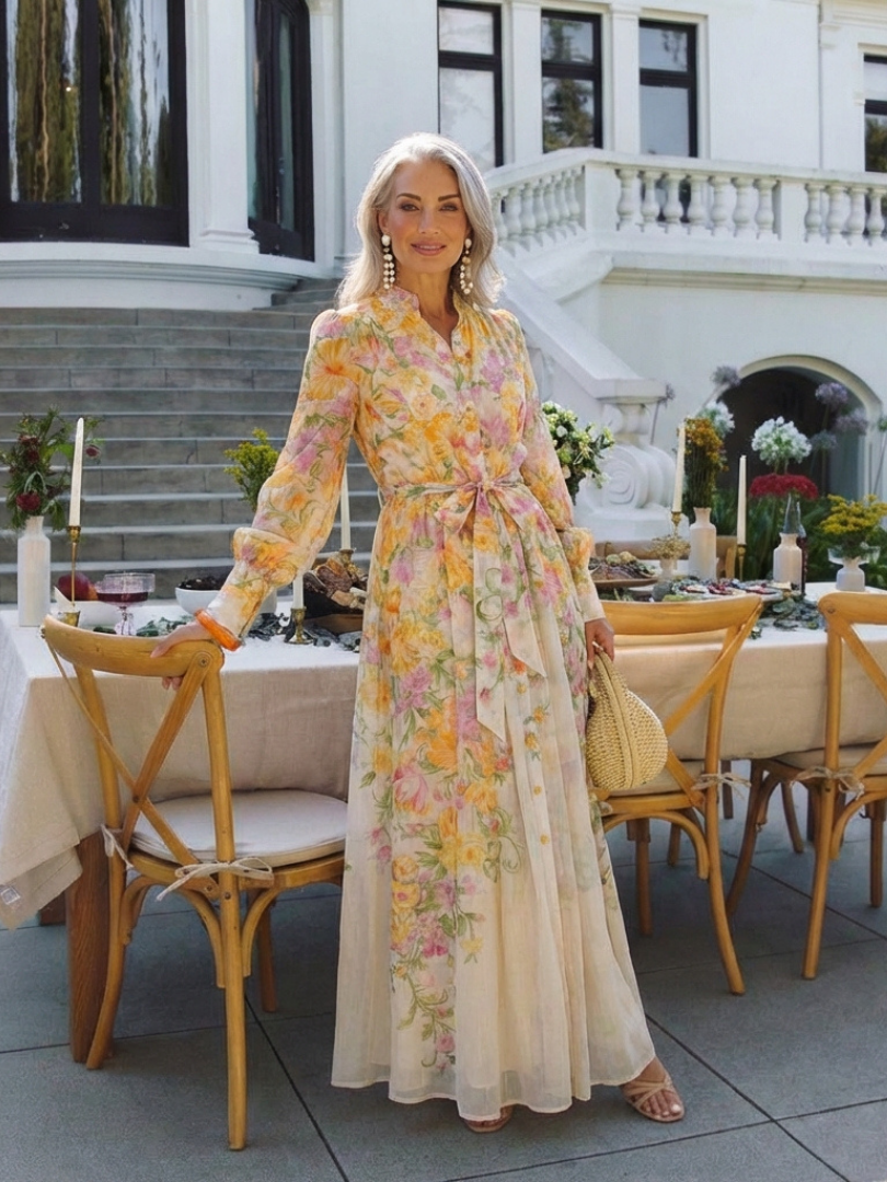Floral Maxi Dress | Sheer Long Sleeves | Elegant and Flowing Design | Perfect for Special Occasions