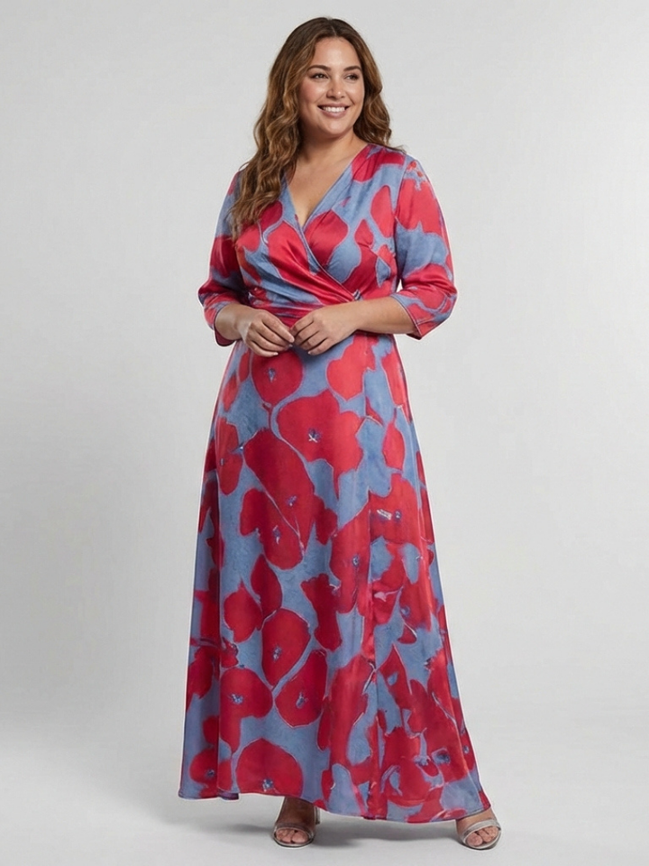 Floral Maxi Dress | Three Quarter Sleeve | Elegant V Neck Design | Perfect for Special Occasions
