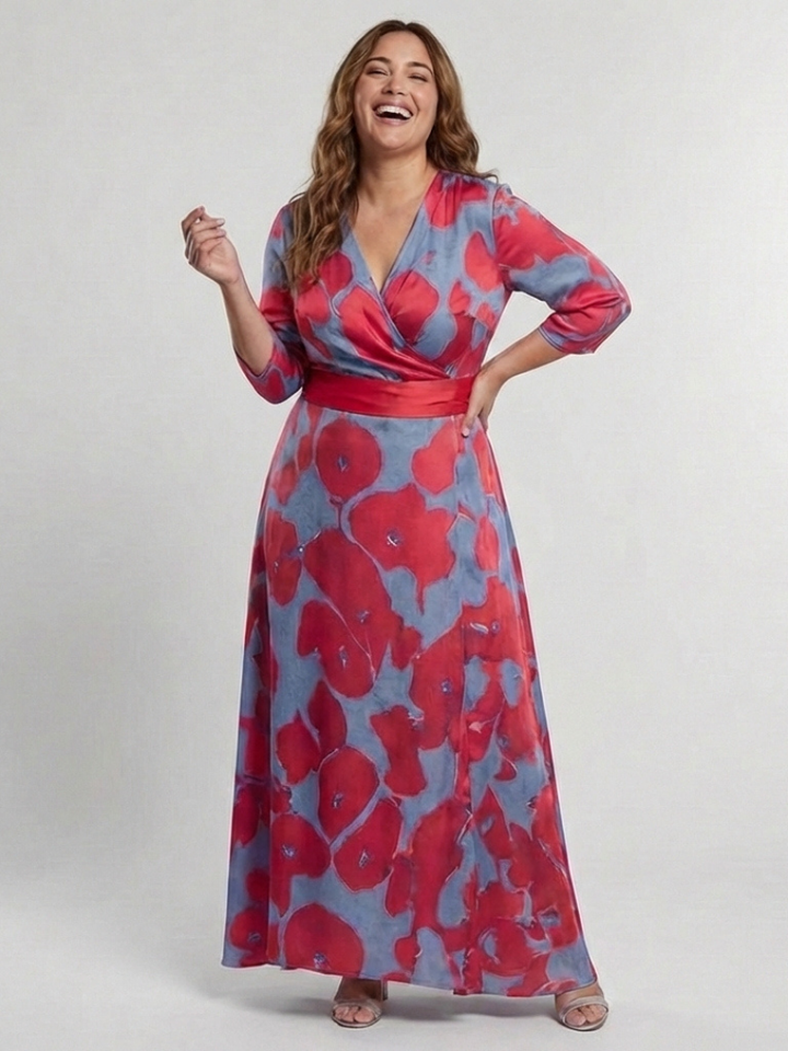 Floral Maxi Dress | Three Quarter Sleeve | Elegant V Neck Design | Perfect for Special Occasions