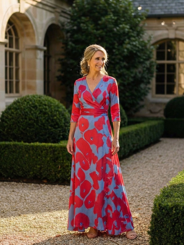 Floral Maxi Dress | Three Quarter Sleeve | Elegant V Neck Design | Perfect for Special Occasions
