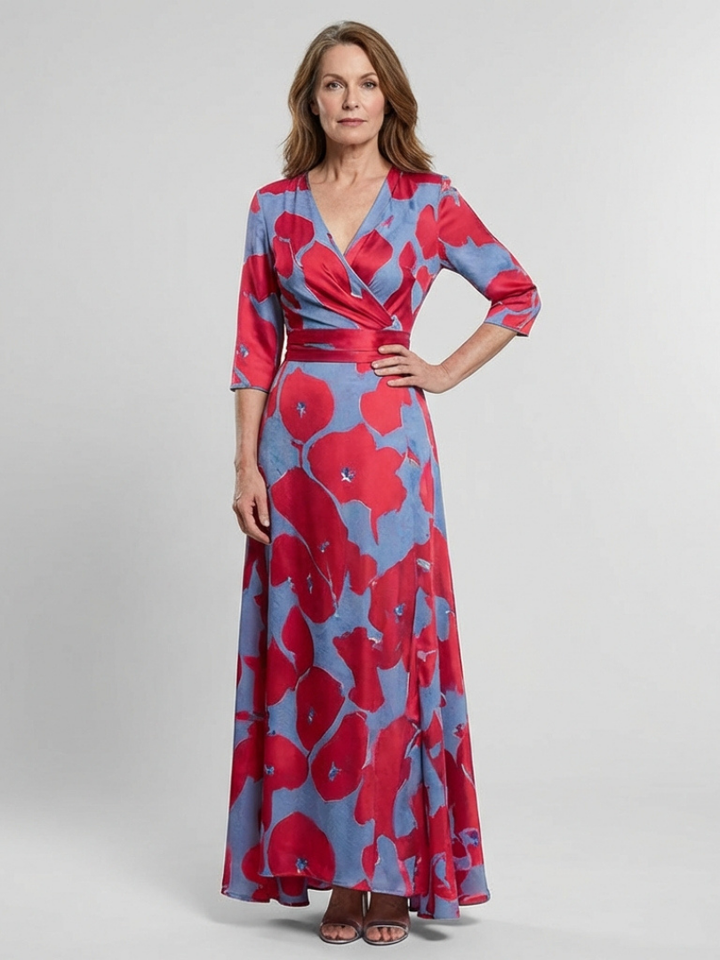 Floral Maxi Dress | Three Quarter Sleeve | Elegant V Neck Design | Perfect for Special Occasions