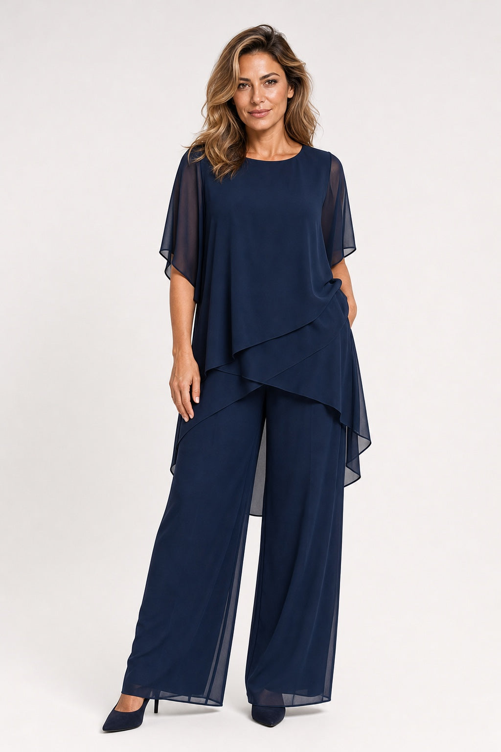 Women's Chiffon Two-Piece Set in navy – front view on a model