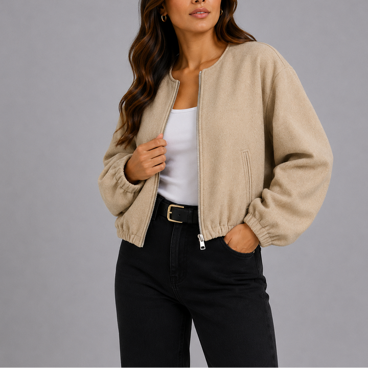 Women's Cropped Bomber Jacket with Balloon Sleeves - Autumn - Beige