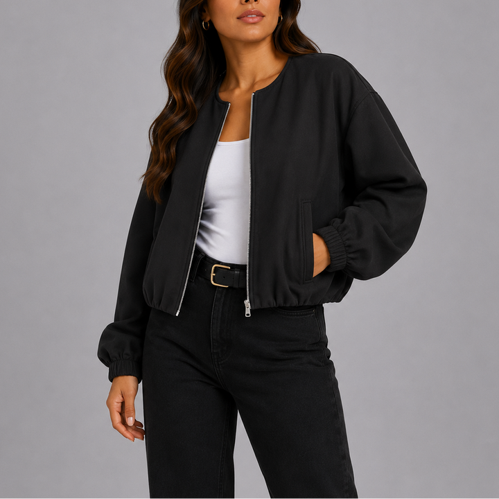 Women's Cropped Bomber Jacket with Balloon Sleeves - Autumn - Black