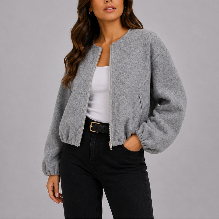 Women's Cropped Bomber Jacket with Balloon Sleeves - Autumn - Grey