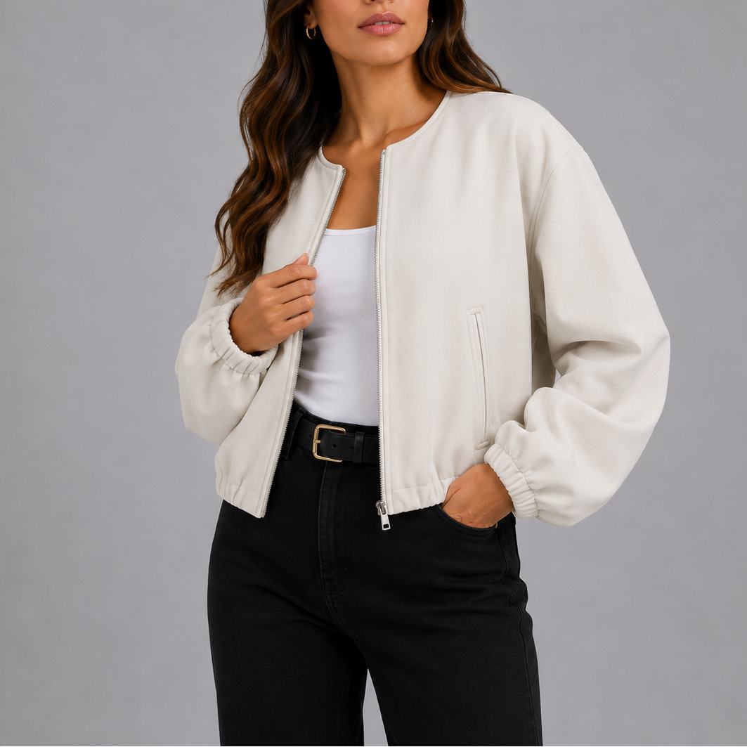 Women's Cropped Bomber Jacket with Balloon Sleeves - Autumn - White