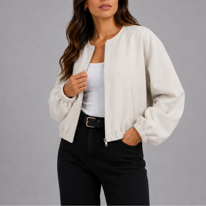 Women's Cropped Bomber Jacket with Balloon Sleeves - Autumn - White