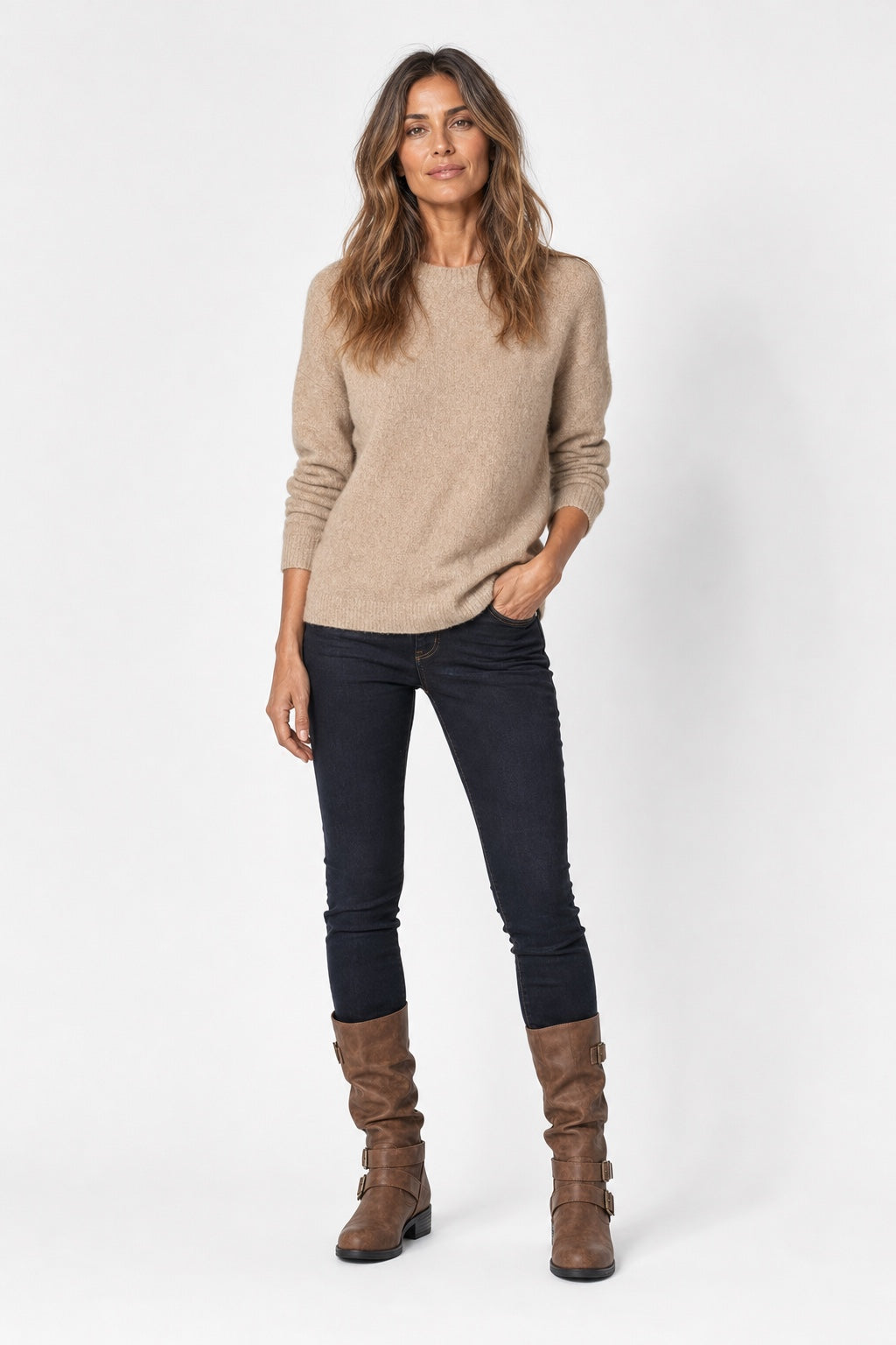 Women's Crushed Leather Mid-Calf Boots with Buckles in brown – front view on a model