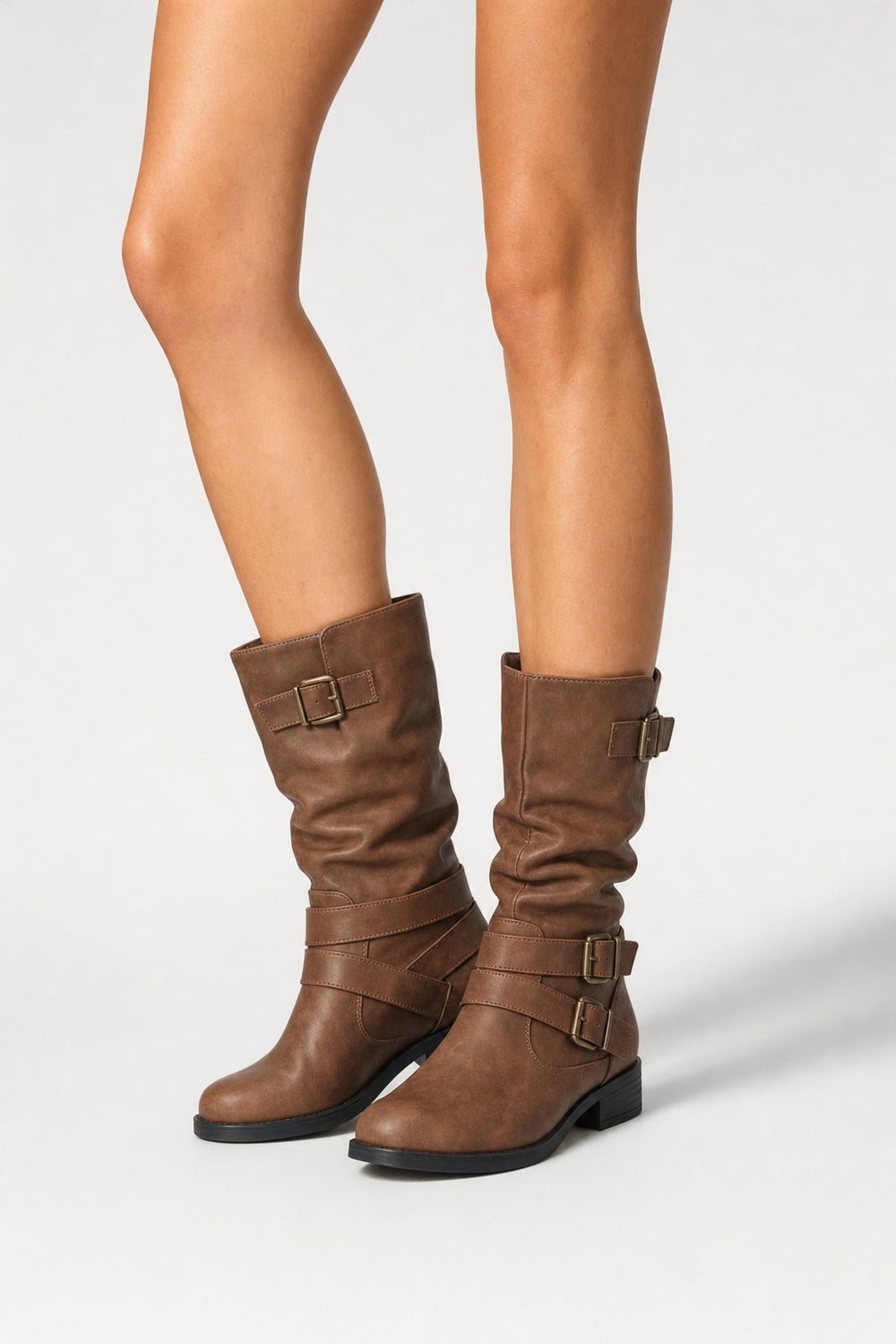 Women's Crushed Leather Mid-Calf Boots with Buckles in brown – worn, close-up from the knees down