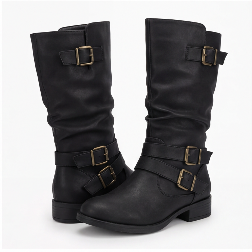 Women's Crushed Leather Mid Calf Boots with Buckles - Black