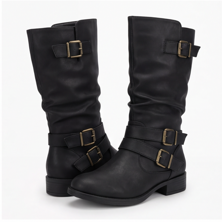 Women's Crushed Leather Mid Calf Boots with Buckles - Black