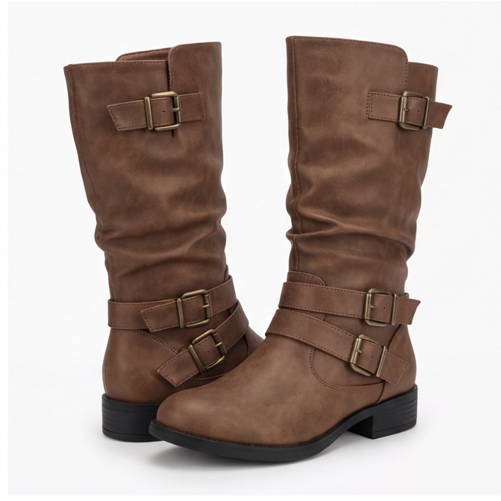 Women's Crushed Leather Mid Calf Boots with Buckles - Brown