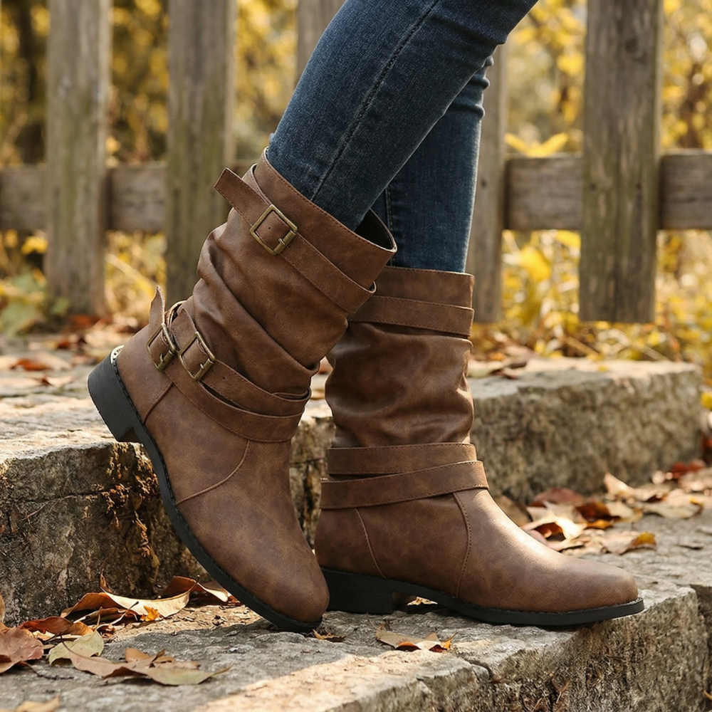 Women's Crushed Leather Mid Calf Boots with Buckles